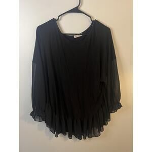 Pebble and Stone Blouse Womens Black Ruffle Hem Sheer Sleeve Tunic Top Boho